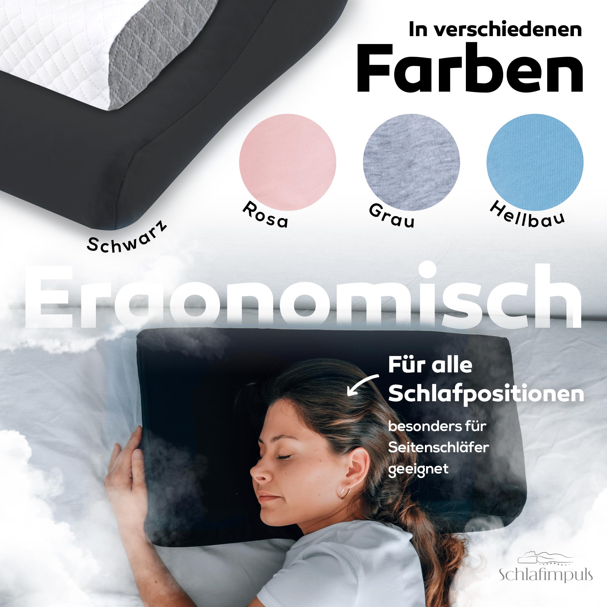 Schlafimpuls Ergonomisches Kopfkissen Nackenstützkissen | Orthopädisches Kopfkissen & Nackenkissen [Memory Foam] Seitenschläfer - mit extra Bezug - Farbe wählbar (Schwarz)