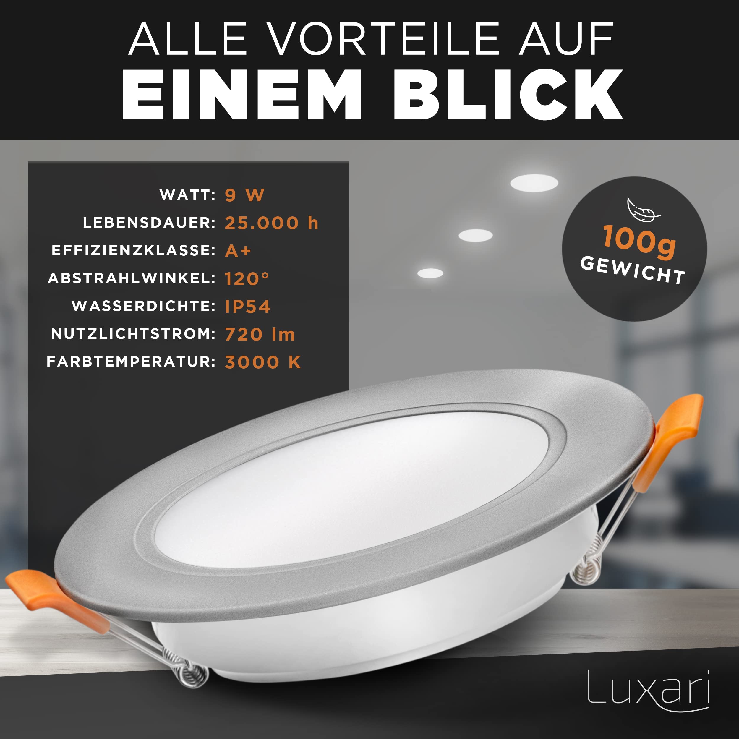 Luxari LED Einbaustrahler 230V flach − Strahlende LED Einbauleuchten [6er Set 8W] − Bad LED Spot [3000K warmweiß] − Deckenstrahler − IP54