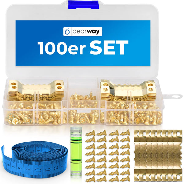 PEARWAY™ Profi Bildaufhänger Set [100 Stück] inkl. Maßband & Wasserwaage I Stabile Zackenaufhänger für Maximalen Halt I Bilderhaken - Ideal für Leinwände & Holzrahmen I Aufhänger für Bilder