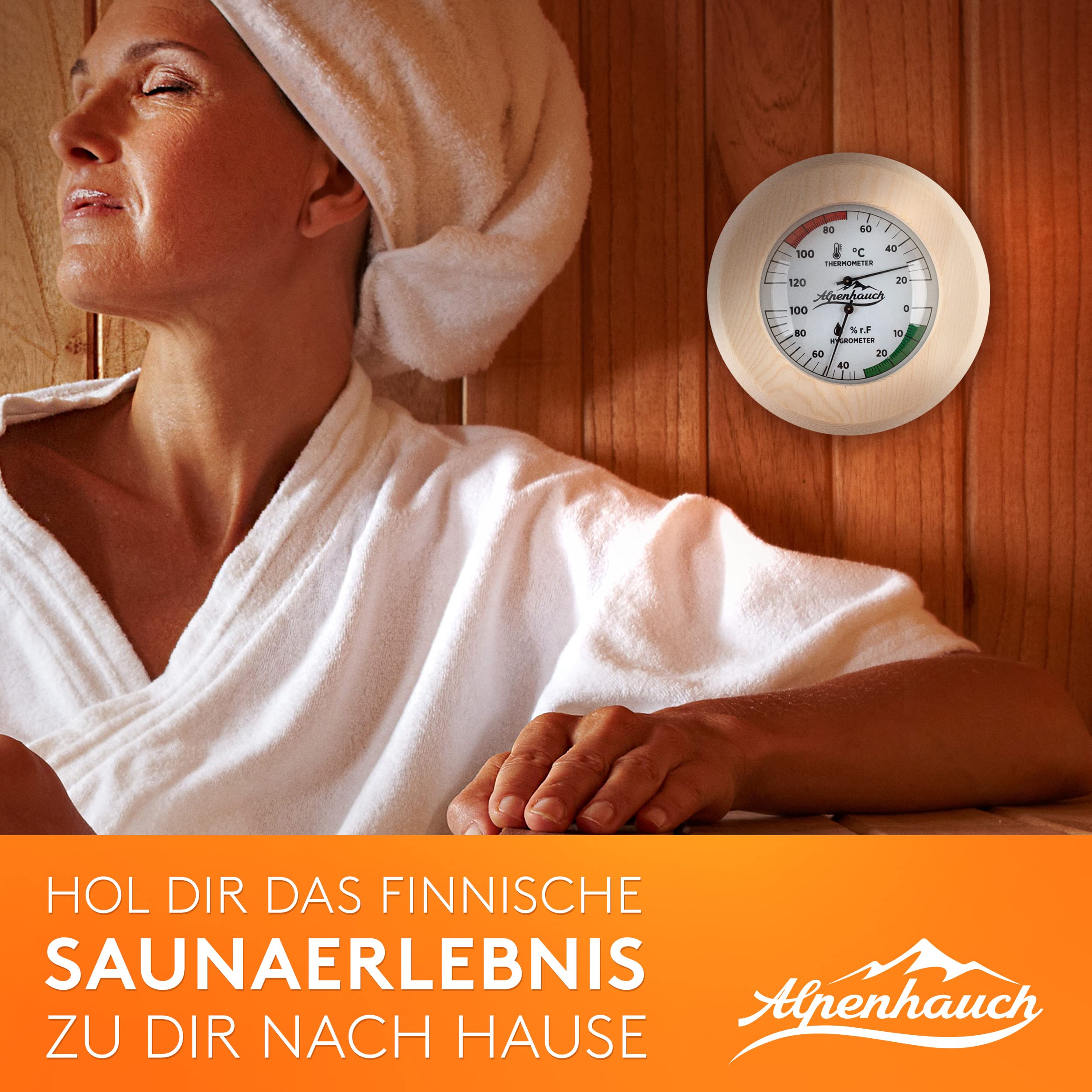 ALPENHAUCH Sauna Thermometer Hygrometer Holz [2in1 Funktion] - Besonders präzises Saunathermometer mit gehärtetem Glas - Automatische Kalibrierung - Edles Sauna Zubehör - Hygrometer Thermometer Sauna