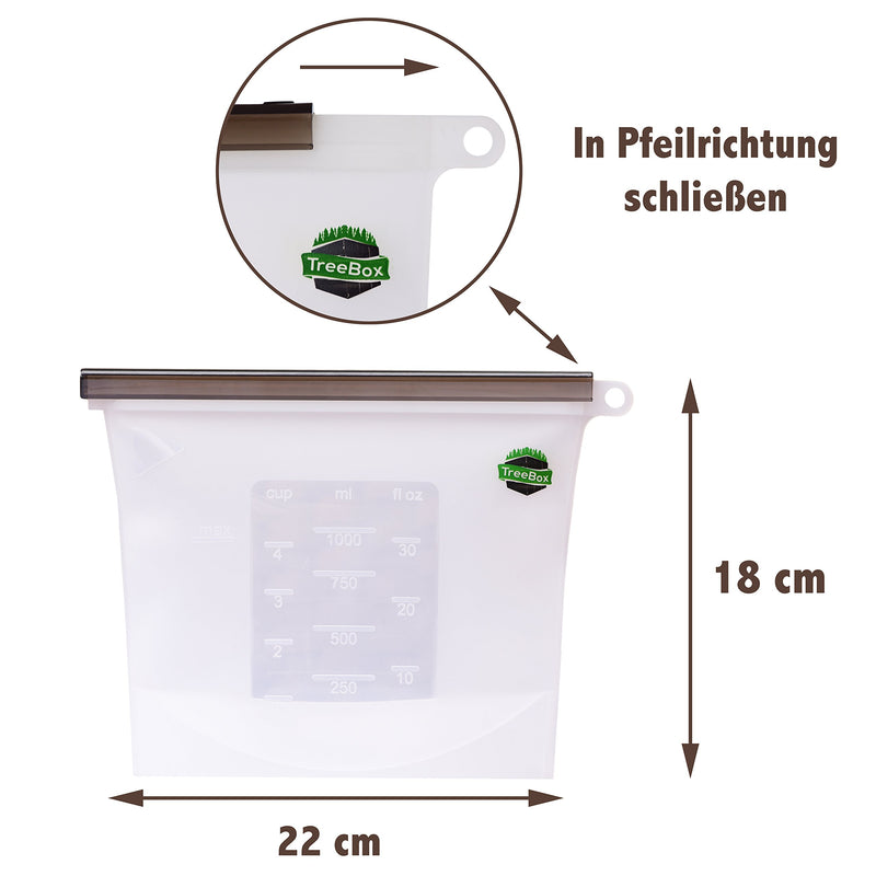 TreeBox Silikon Aufbewahrungsbeutel 2er Set | Alternative zu Gefrier- und Frischhaltebeutel | Kühlschrank Organizer | Marinierbeutel | Auslaufsicher | Geruchsdicht | 1000ml