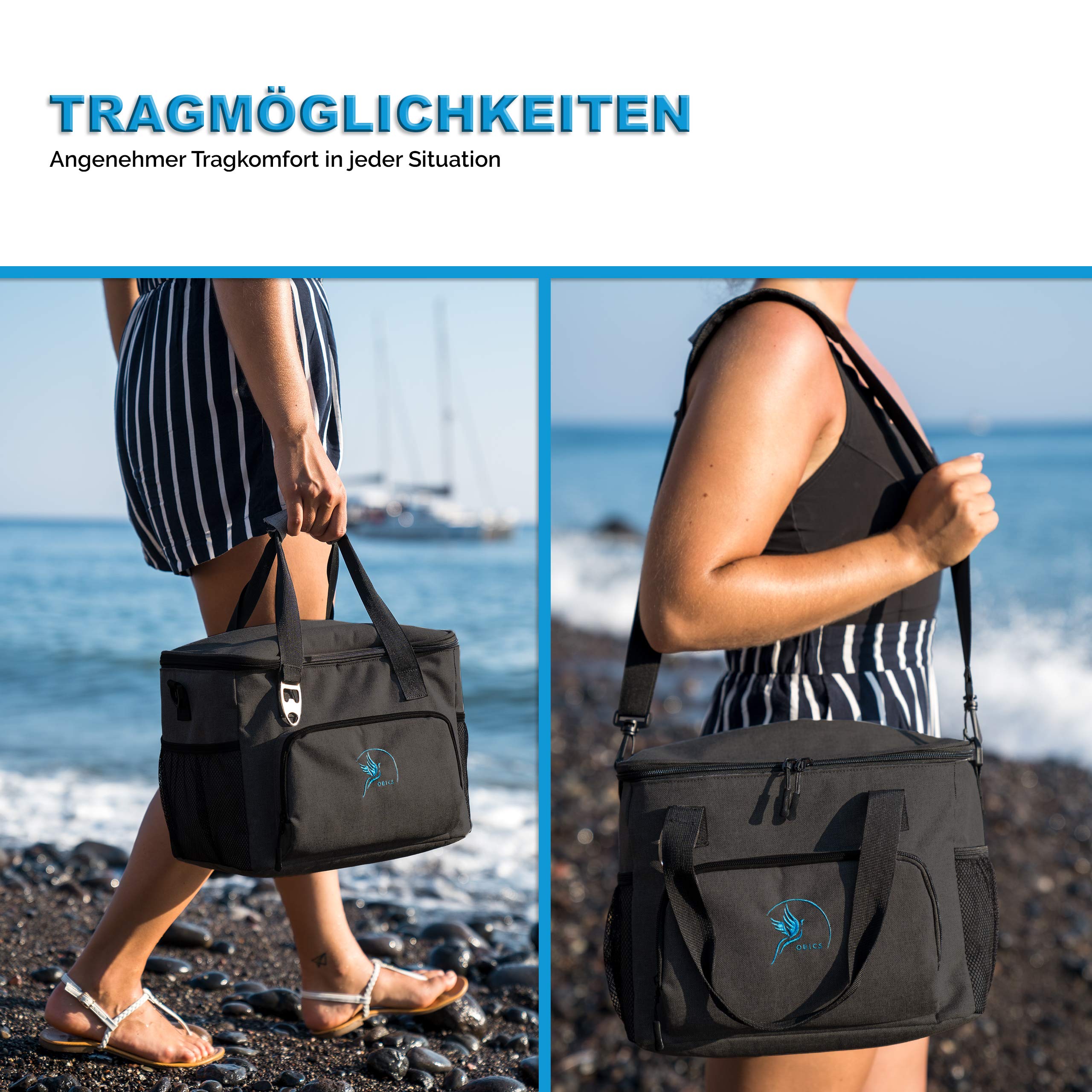 Obics Kühltasche klein 20l Kühlbox unterwegs mit Kühl-Akku - Isoliertasche Gefriertasche schwarz ohne Strom passiv Picknicktasche - Thermotasche Essenstasche Camping, Auto & Fahrrad isoliert Lunchbag