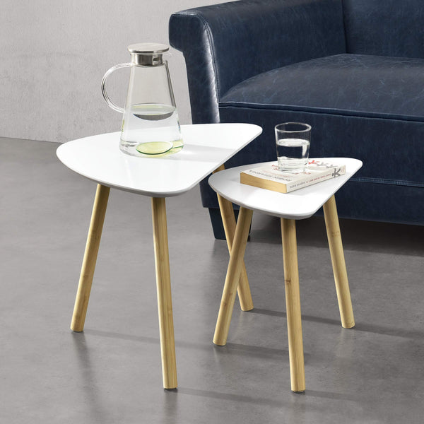 [en.casa] Couchtisch Set Beistelltisch 2er Set Weiß MDF/Bambus