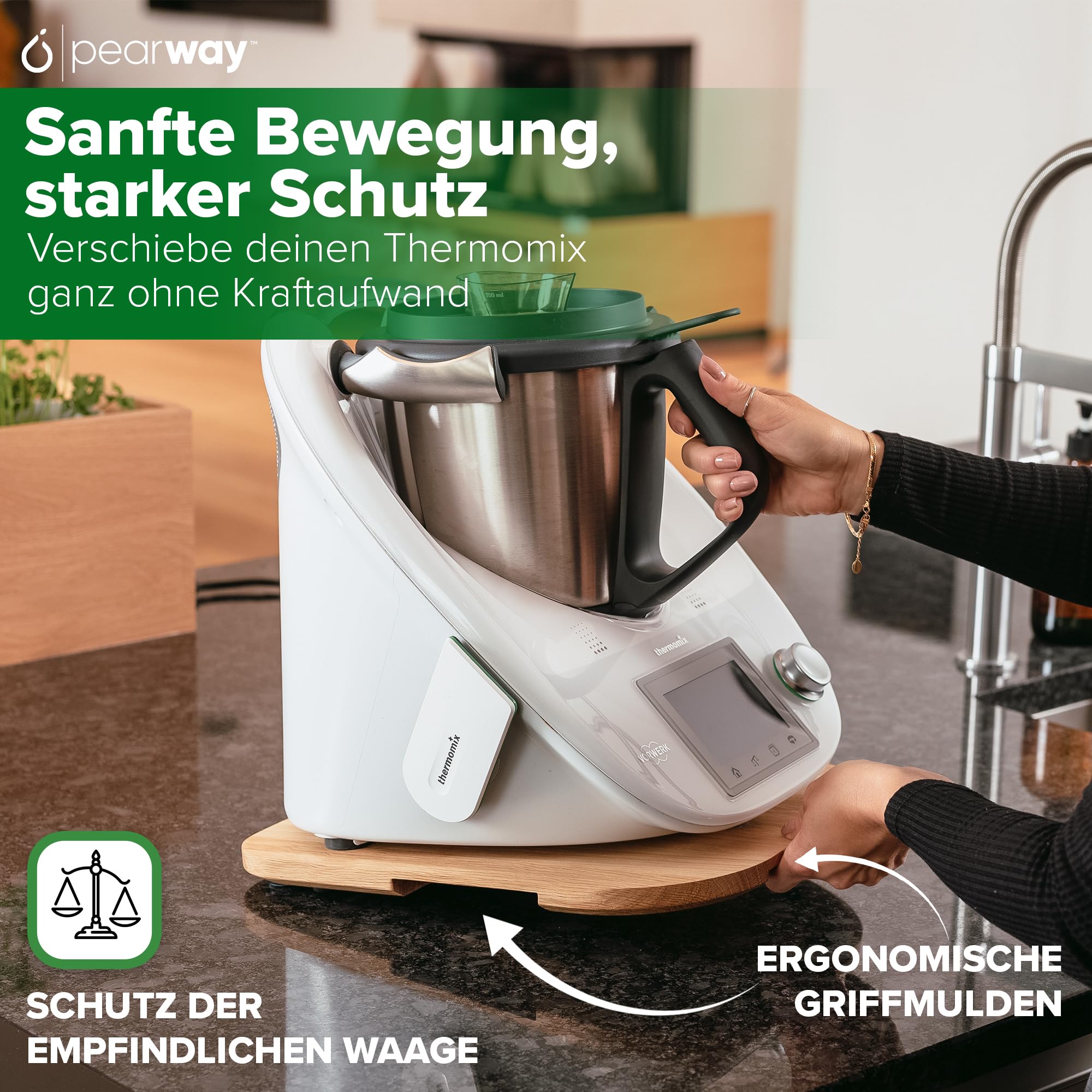 PEARWAY Thermomix Gleitbrett TM6 & TM5 aus edlem FSC Eichenholz | müheloses Verschieben ohne Beschädigung der Waage | stabiler Stand durch Schwingungsdämpfung | Gleitbrett Thermomix TM6 TM5- Eiche