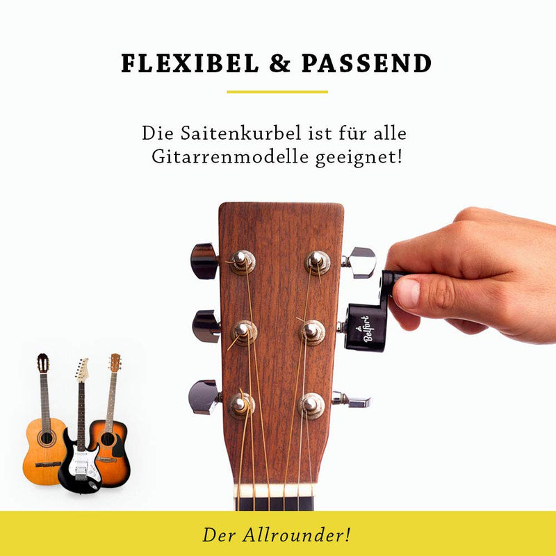 BELFORT® Premium Saitenkurbel BONUS: 4 Plektren + inkl. eBook Saitenspindel für schnelleres Saiten wechseln Für Westerngitarre, Akustikgitarre, Konzertgitarre, Klassische Gitarre + E-Gitarre (Schwarz)