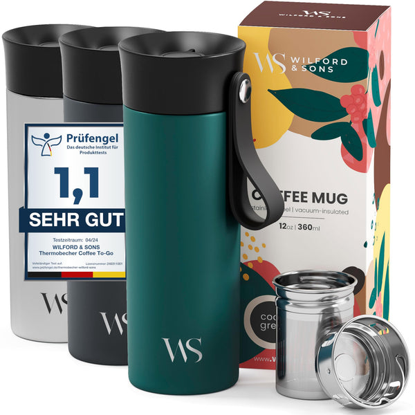 Thermobecher Kaffee To Go Kaffeebecher Edelstahl 360ml + Trageriemen & Tee-Infuser - Trinkbecher Cafe Tee Auslaufsicher BPA-frei | 6h Heiß 10h Kalt Vakuum-Isolierbecher Coffee Travel Mug Thermosbecher