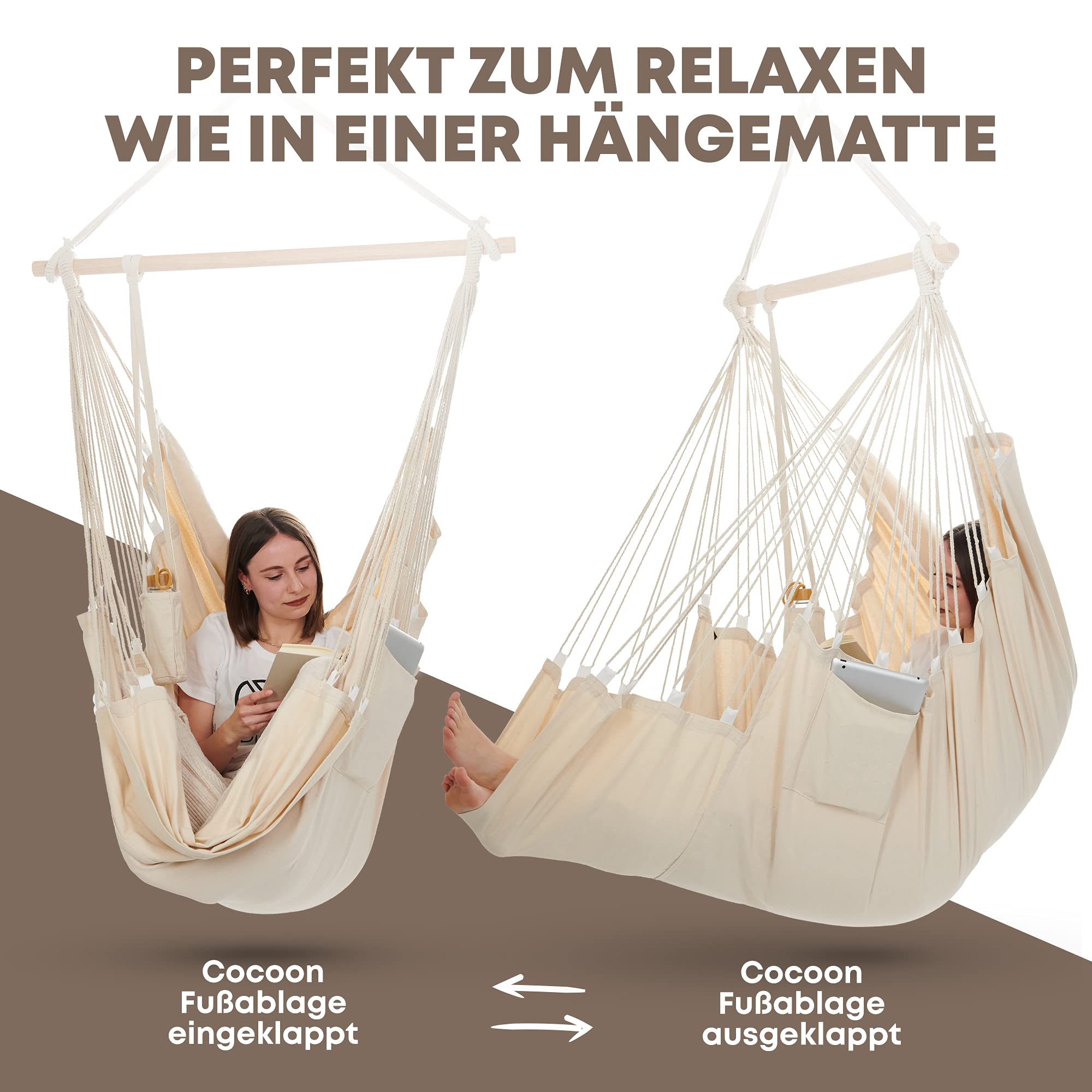 NearDistance® Hängesessel Hängestuhl Indoor Outdoor, Hängesessel ohne Gestell, Hängeschaukel für Erwachsene & Kinder, mit Fußablage & Kissen (Beige)