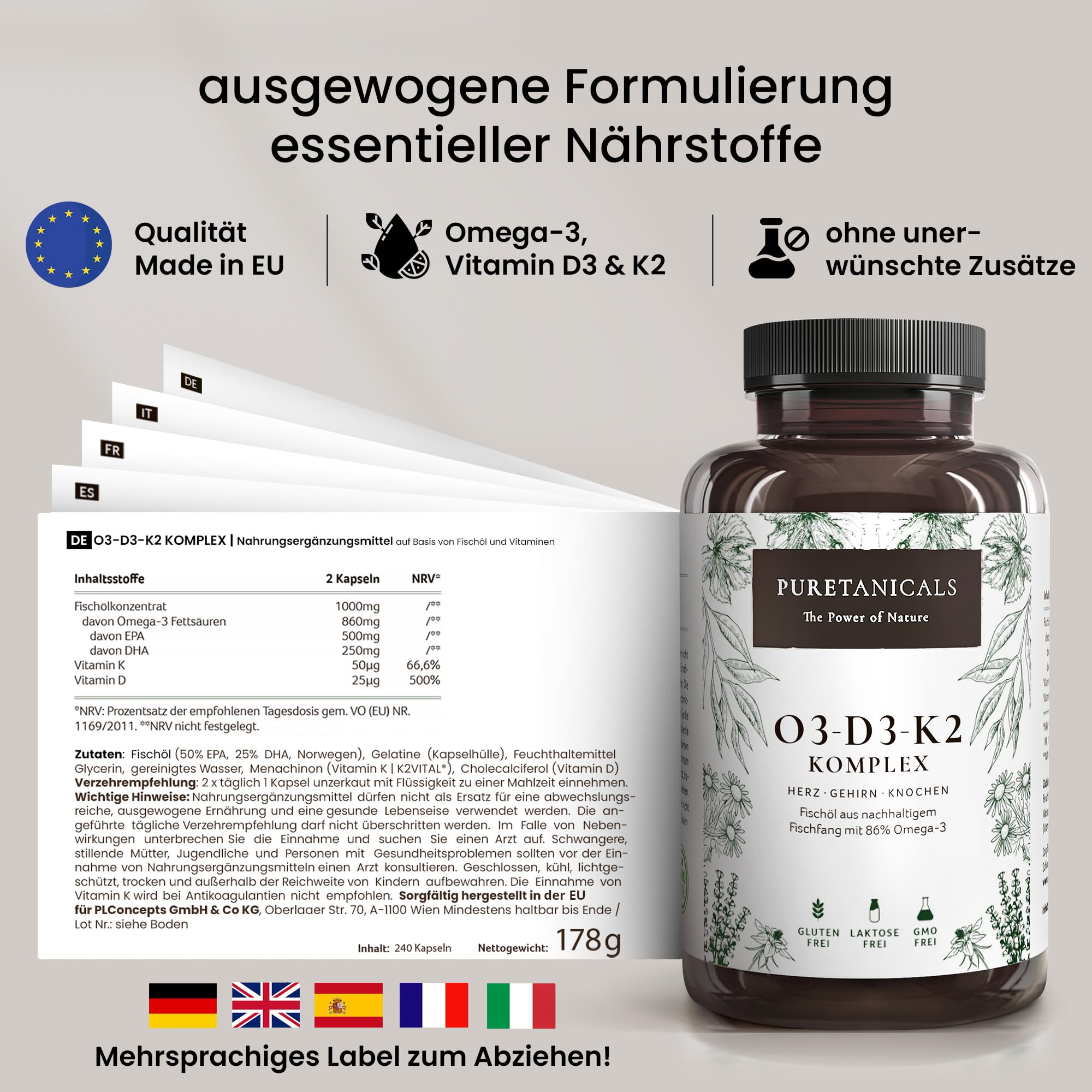 Omega 3 + Vitamin D3, K2 MK7 All-Trans mikroverkapselt - Premium Essentials O3-D3-K2 hochdosiert - Fischöl mit essentiellen EPA & DHA Fettsäuren | Fisch Öl Omega3 Fish Oil Tropfen | 240 Kapseln