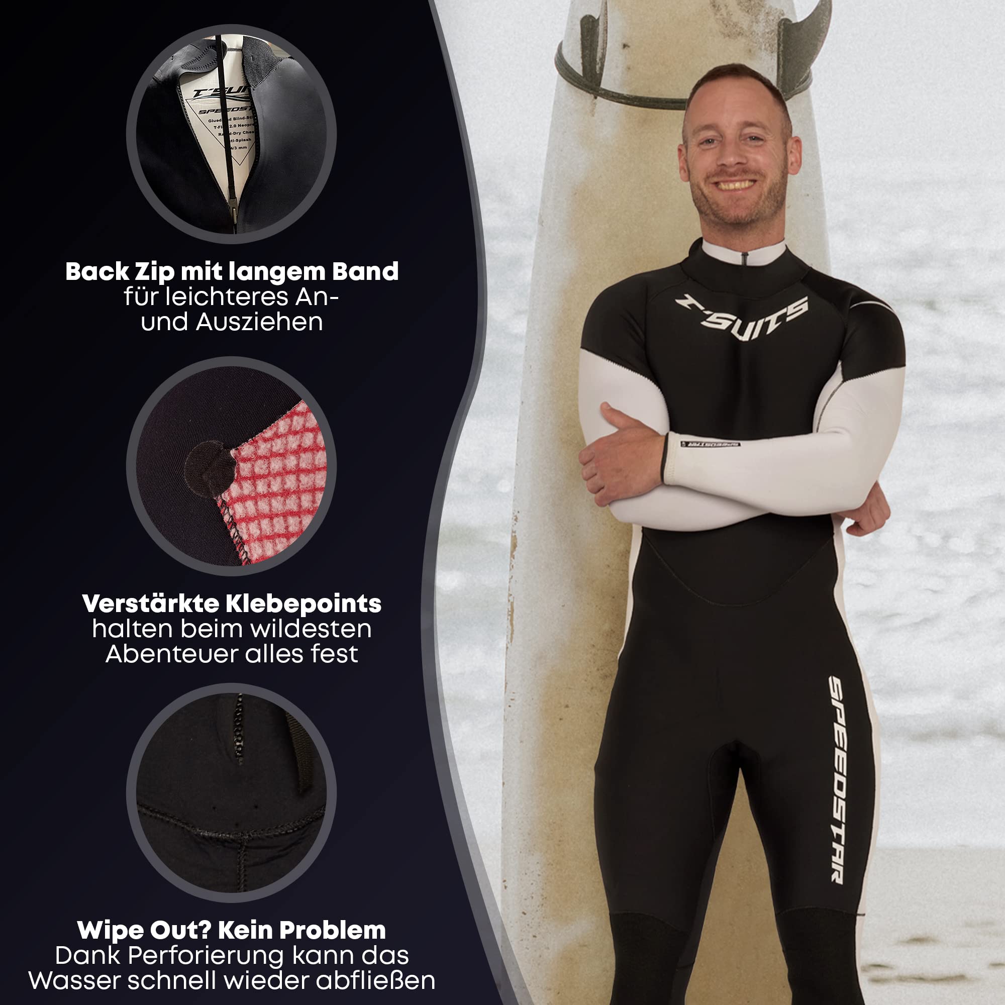 T´SUITS Neoprenanzug Herren [4/3mm, Lang, Speedstar] Tauchanzug, Schwimmen, Surfen, Tauchen, Wasserski | Jetzt Größe Wählen (L, Schwarz/Weiß)