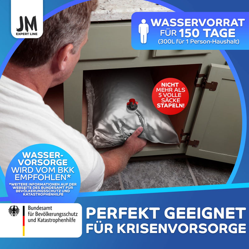 JM EXPERT LINE® Reißfestes Wasserbeutel-Set 30 Liter [10St.] I 20% mehr Volumen für sicheren Trinkwasser-Notvorrat I 100% Auslaufsicherer Wasserbehälter I BPA-freier Wassersack für den Notfall…