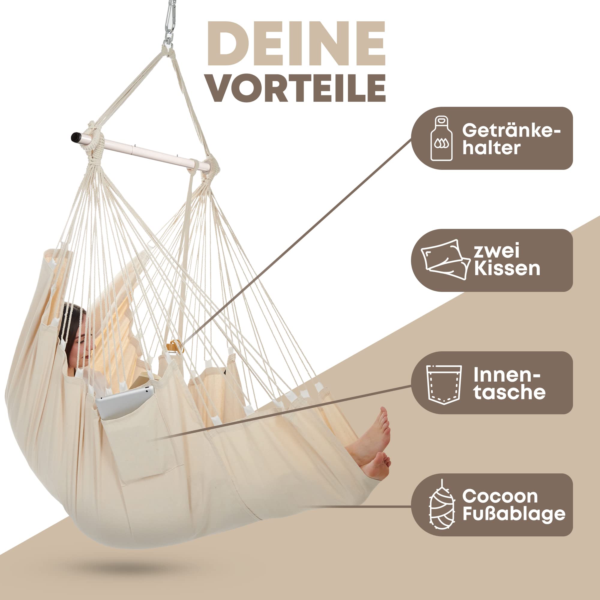 NearDistance® Hängesessel Unity mit Montageset, Hängestuhl Indoor Outdoor, Hängesessel ohne Gestell, Hängeschaukel für Erwachsene & Kinder, mit Fußablage & Kissen (Beige MIT Montageset)