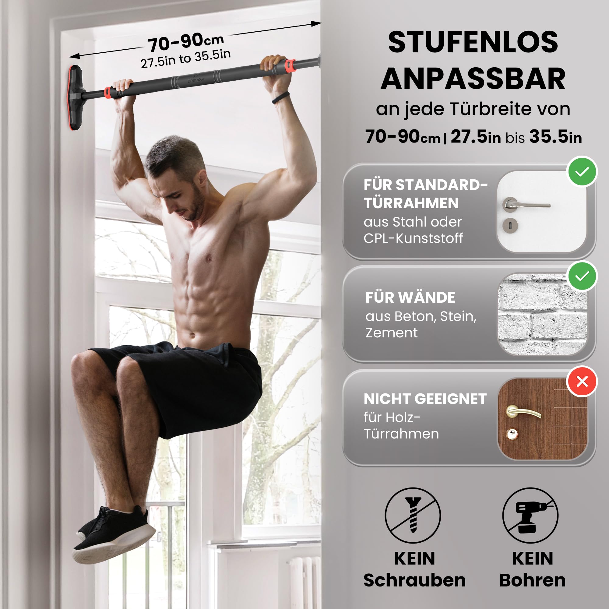 BeMaxx Klimmzugstange für Türrahmen ohne Schrauben/Bohren + Trainings-eBook - Profi Türreck Pull Up Dip Bar, gepolsterte Griffe | Klimmzug Stange zum Einhängen in Tür Zuhause, Fitness Workout Sport