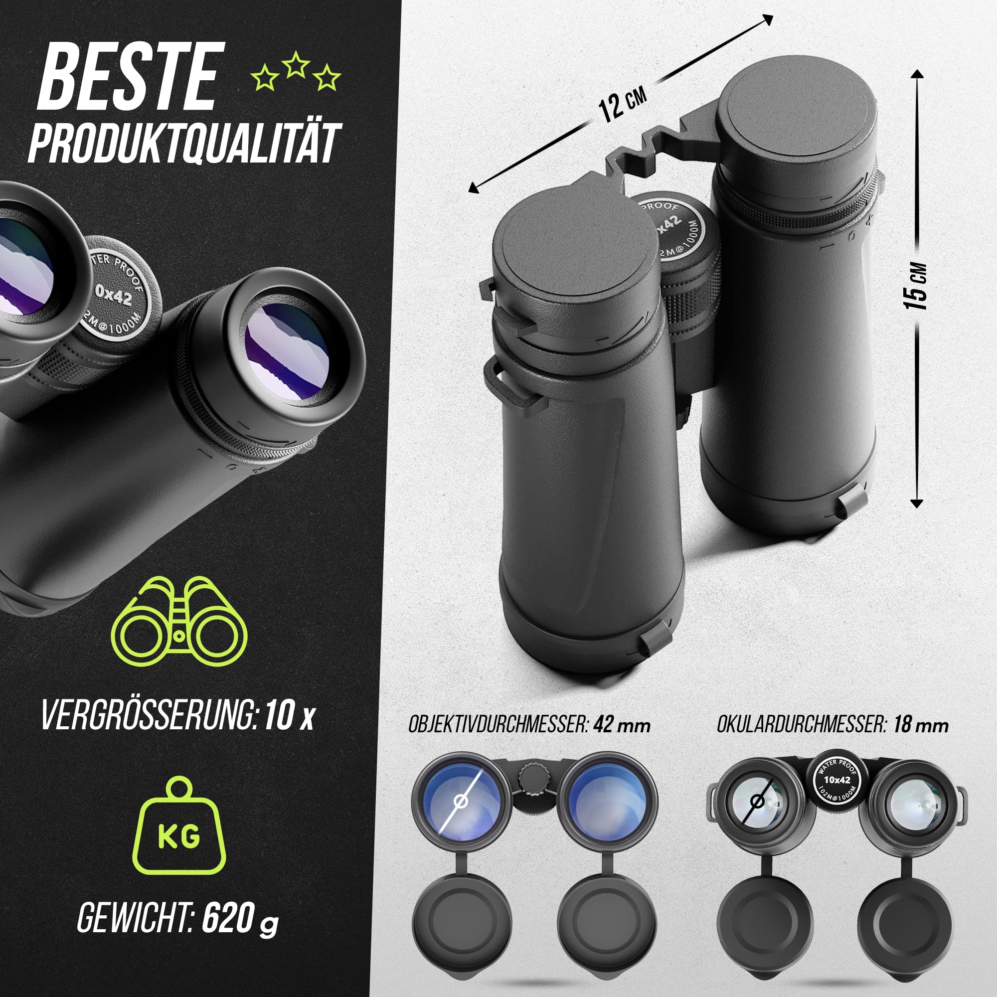 MUNATURA Fernglas Erwachsene 10x42 - Perfektes Fernglas für Brillenträger - Fernglas Vogelbeobachtung - Gestochen scharfe Bilder Dank BaK4 und FMC