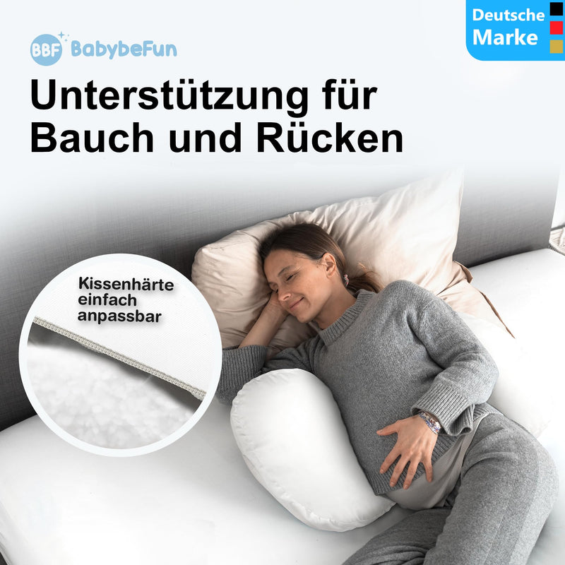 BabybeFun Schwangerschaftskissen [Platzsparend] Pregnancy Pillow für optimale Seitenlage mit Verstellbarer Größe für Schlafkomfort und gegen Rückenschmerzen | Weiß