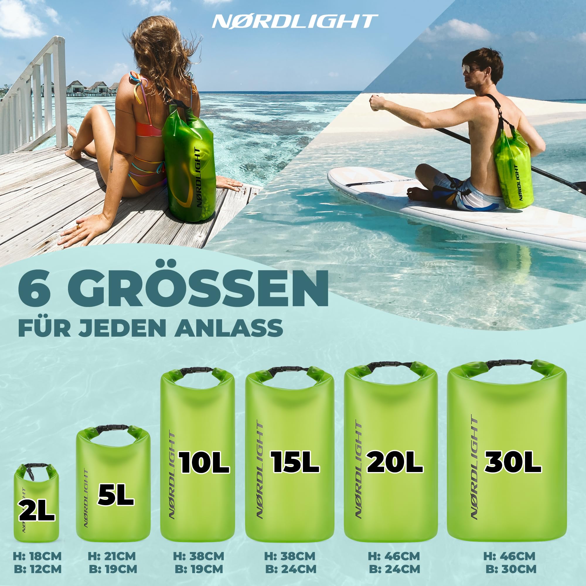 Nordlight Dry Bag 10L Wasserdichter Beutel - (Grün) Wasserdichter Packsack Mit Roll Top Verschluss Und Schultergurt | Schwimmen, Baden, Strand, Kanu, Stand Up Paddling, Tauchen