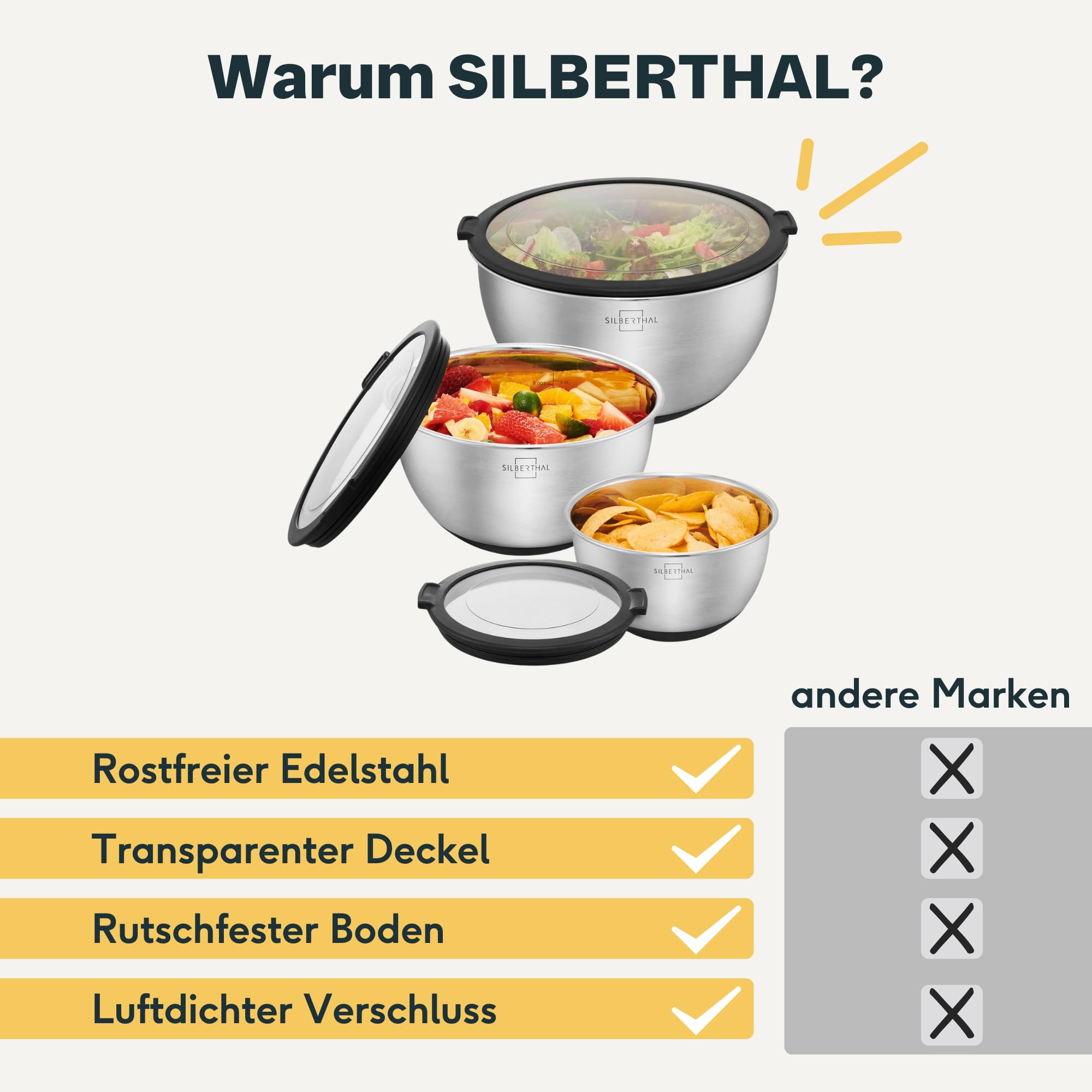 SILBERTHAL Edelstahl Schüssel Set mit Deckel - 3 Stück - Schüsseln zum Servieren, Kochen, Backen, Aufbewahren