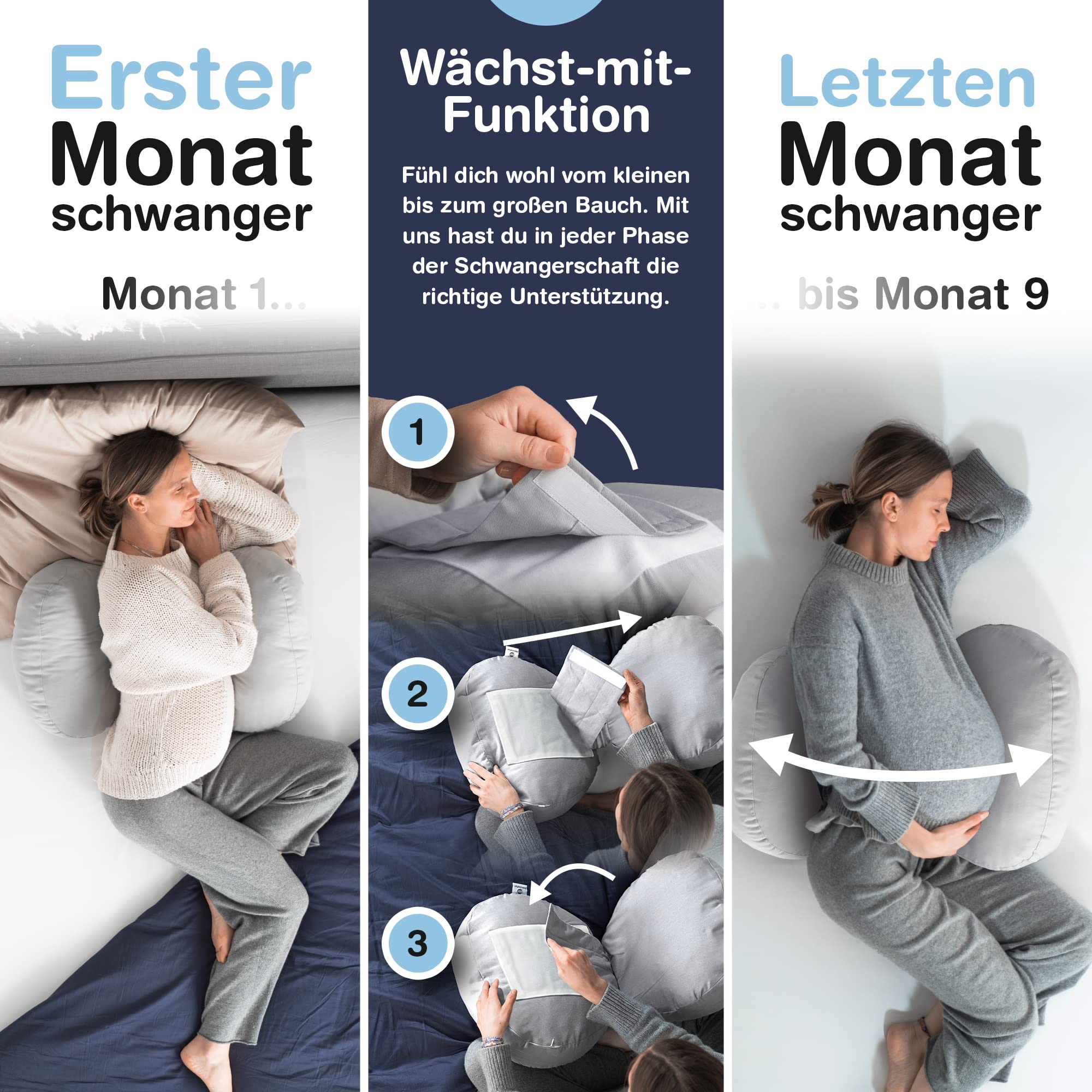 BabybeFun Schwangerschaftskissen mit waschbarem Stillkissenbezug | Seitenschläferkissen gegen Rückenschmerzen als Geschenkidee für werdende Mütter Pregnancy Pillow hellgrau; Farbe wählen..