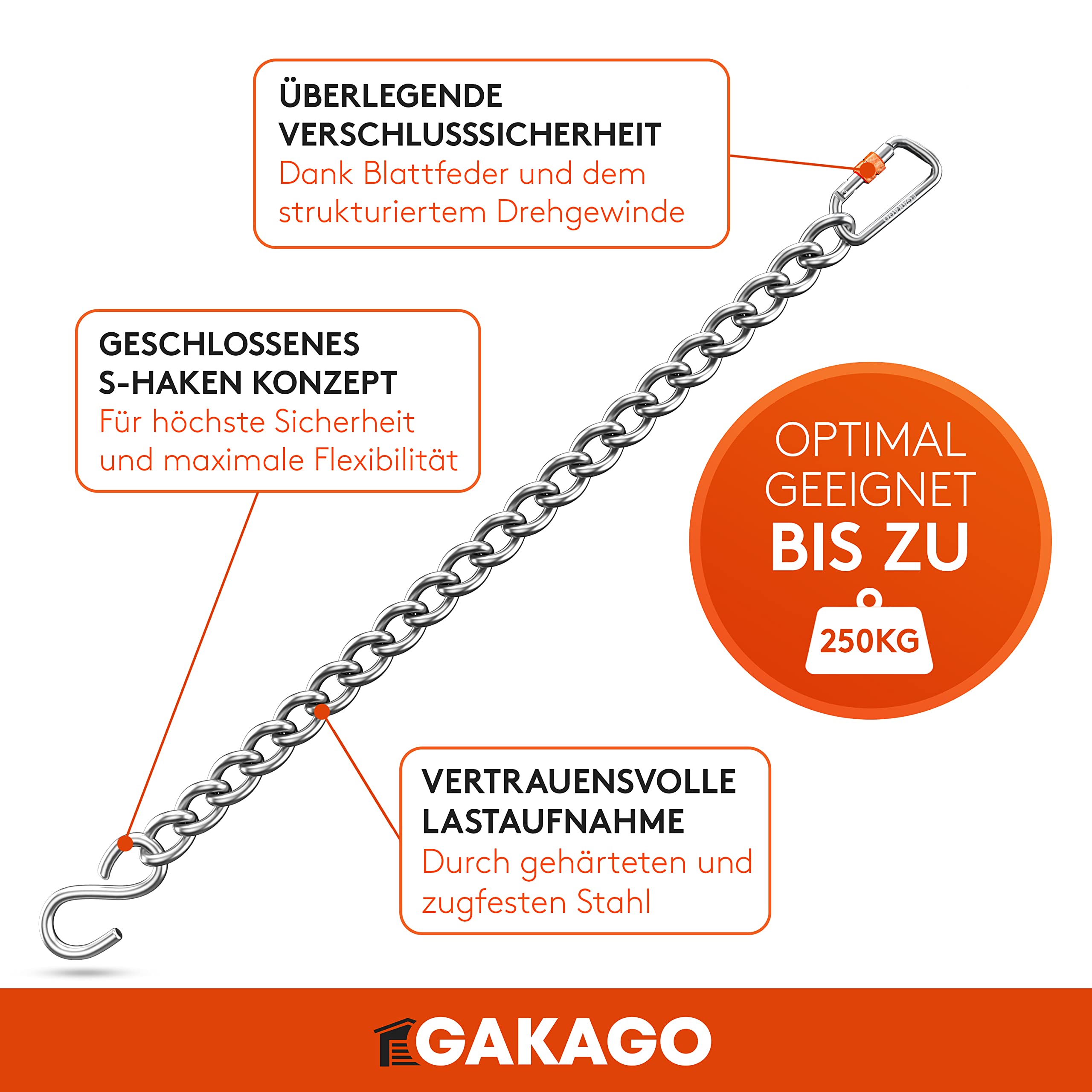 Gakago Verlängerungskette als Hängesessel Kette, Schaukel Verlängerung, Boxsack Halterung - Extra Starke Stahlkette mit S-Haken und Karabiner - Flexible Aufhängung auch für Draußen