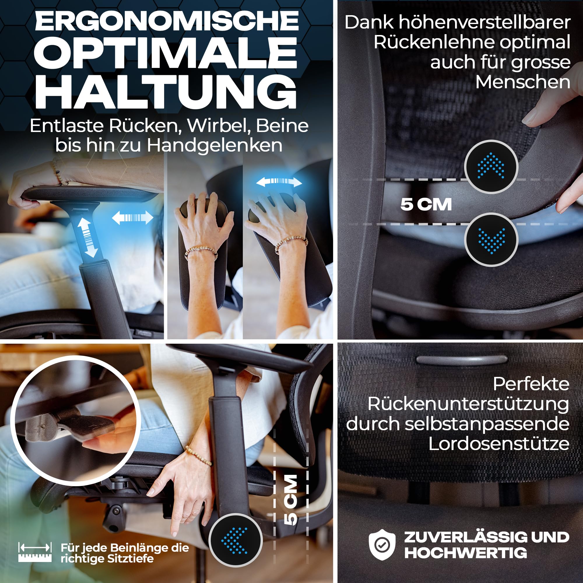 VALKENSTOL M6 Bürostuhl Ergonomisch - Auch Grosse Menschen Polster-Sitz - Ergonomischer Bürostuhl Chefsessel Bürostuhl Schreibtischstuhl Office Chair