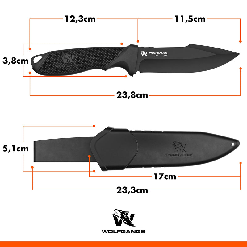 Wolfgangs W1 Outdoor Messer feststehende Klinge - Inkl. Scheide - Ideales Jagdmesser aus einem Stück 440C Stahl gefertigt - Premium Survival Messer - Perfektes Bushcraft Messer Outdoor (Schwarz)