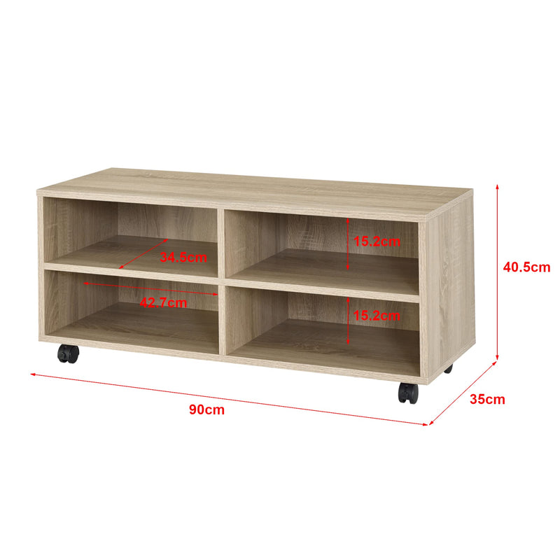 [en.casa] Lowboard auf Rollen 'Gränne' 90x35x41cm mobiles Regal TV-Schrank 4 Ablagen Fernsehregal Fernsehtisch Sonoma-Eiche