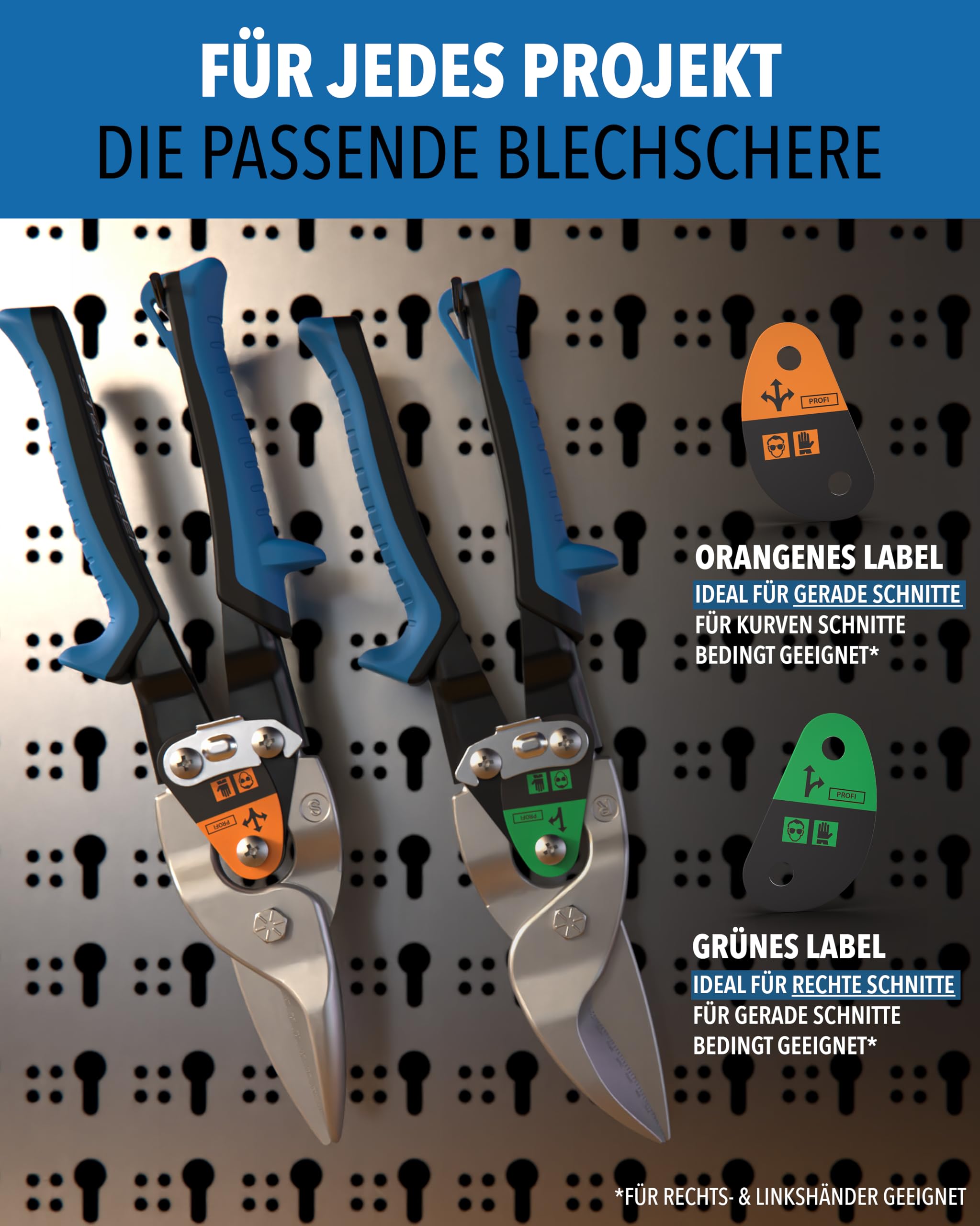 Blechschere Set gerader- & rechter Schnitt - [int. Millimeterskala] - Metallschere für Trockenbau, Trapezblech, Metall, Drahtschere für Drahtgitter, Blech Schneider, Metallschere, Blech Schneiden