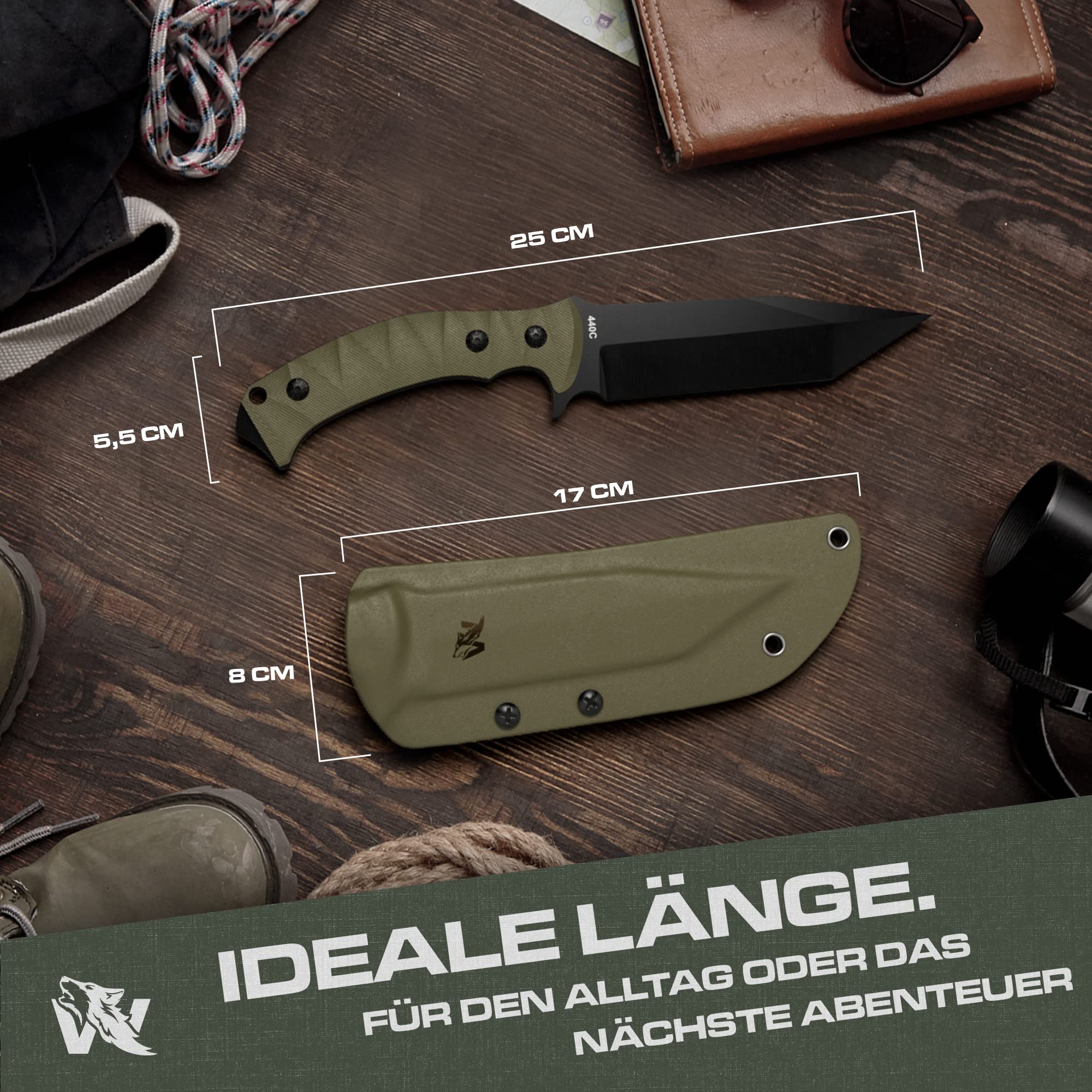 Wolfgangs DOLOR Fahrtenmesser aus 440C Stahl - Scharfes Survival Messer mit Kydex Gürteltasche - Outdoormesser