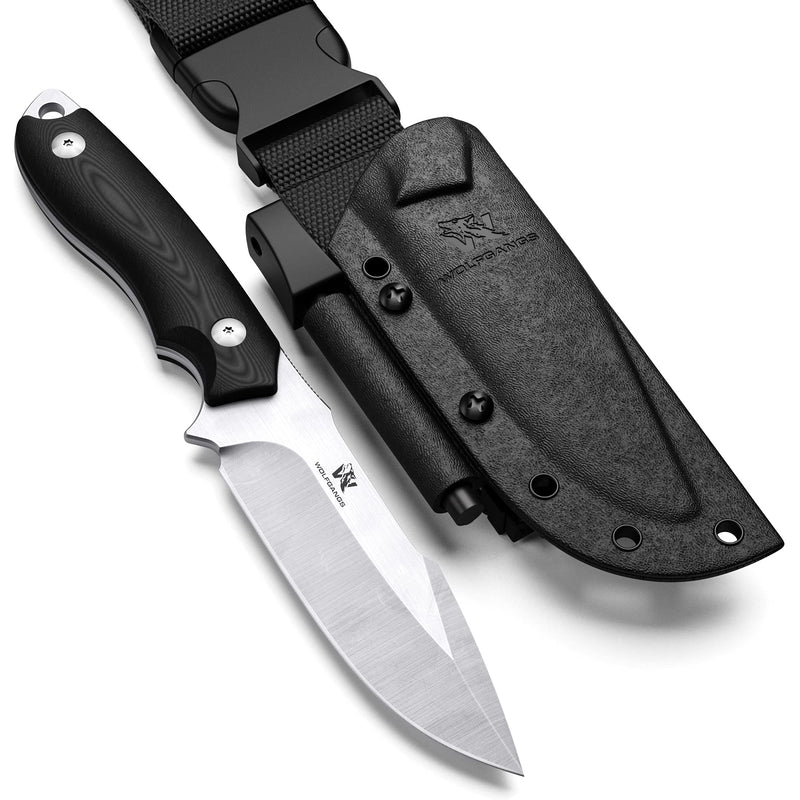 Wolfgangs Outdoor-Messer AMBULO mit Kydex Holster - Edles Jagdmesser aus einem Stück D2 Stahl gefertigt - DAS Bushcraft Messer - Survival Messer inklusive verbessertem Feuer-Starter (Schwarz)