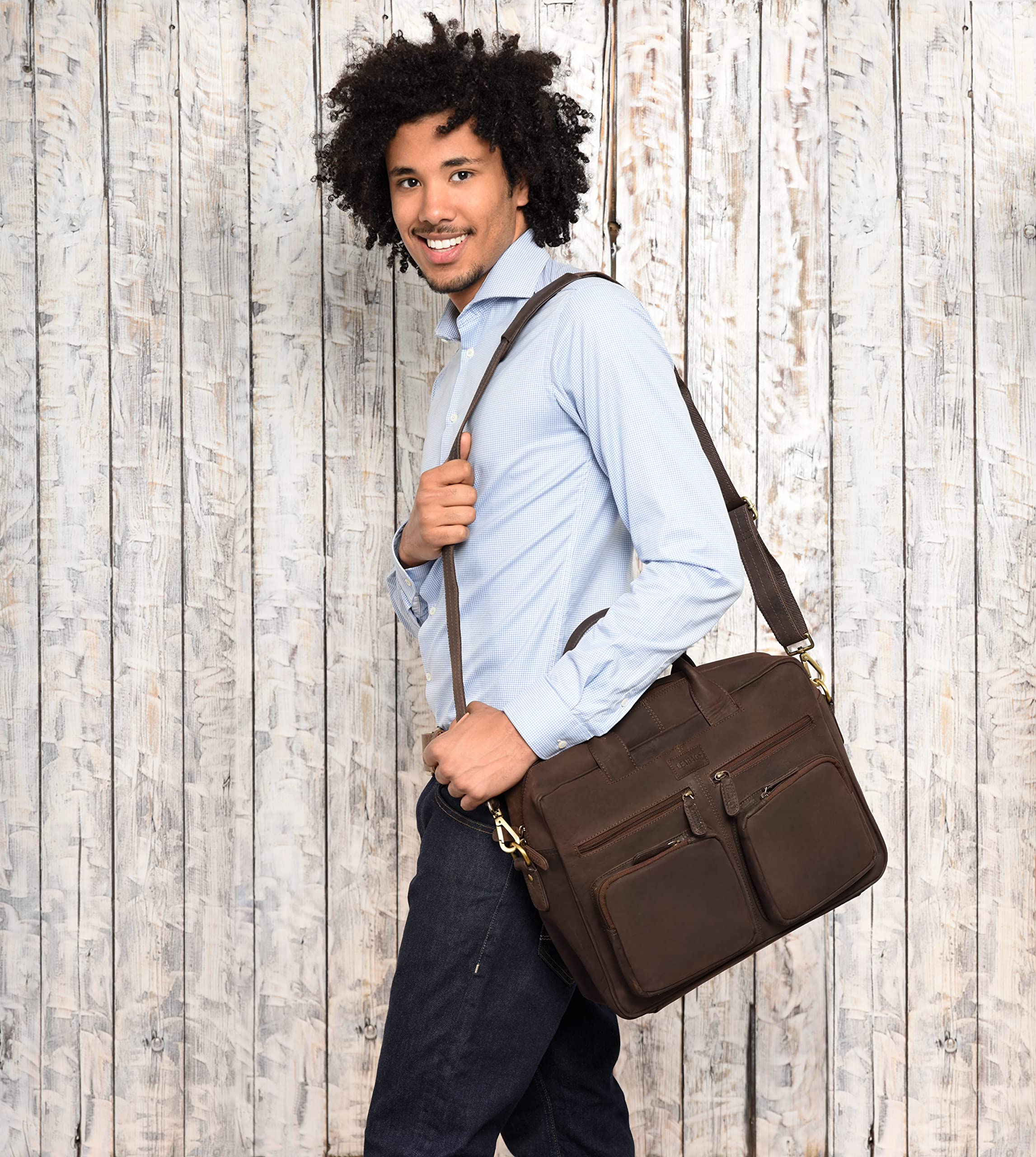 LEABAGS - Dallas- Leder Aktentasche Herren & Damen I Echtleder Laptoptasche bis 15 Zoll I Umhängetasche mit Schultergurt I Schultertasche I Messenger Bag I Arbeitstasche I Lehrertasche I Nature Dunkelbraun