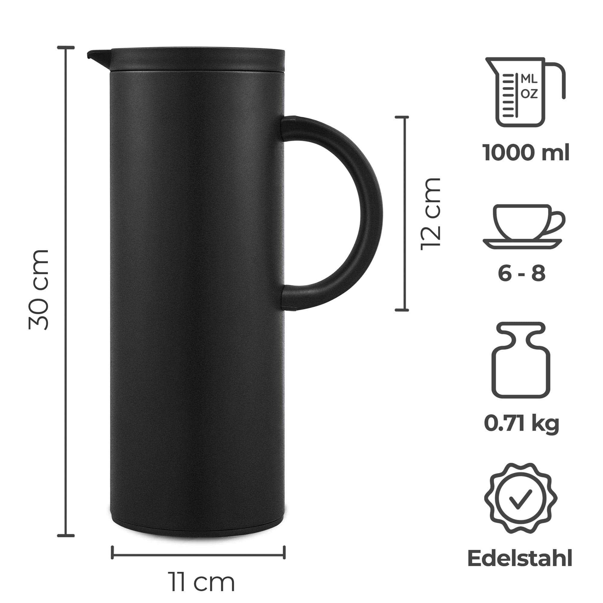 SILBERTHAL Thermoskanne 1l Edelstahl - Doppelwandige Isolierkanne mit Drehverschluss & Glaseinsatz - Moderne Kaffeekanne in Schwarz Matt