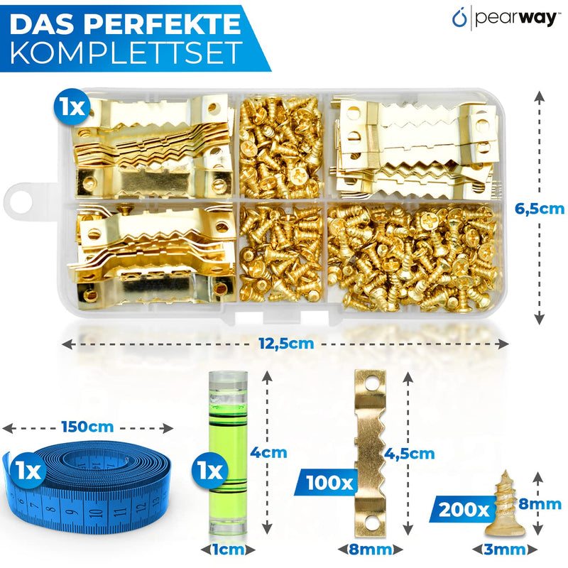 PEARWAY™ Profi Bildaufhänger Set [100 Stück] inkl. Maßband & Wasserwaage I Stabile Zackenaufhänger für Maximalen Halt I Bilderhaken - Ideal für Leinwände & Holzrahmen I Aufhänger für Bilder