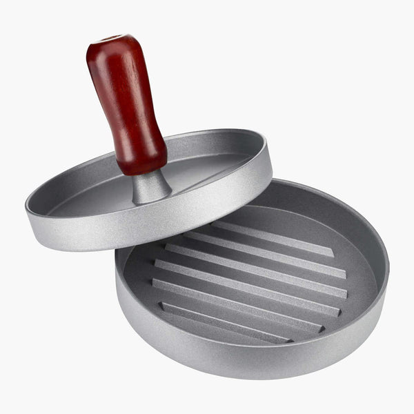 Dreiklang - be smart Hamburger Burger Press Aluguss Burgerpresse BBQ Patties mit Antihaftbeschichtung roter Holzgriff Silber Vegan Plastikfrei