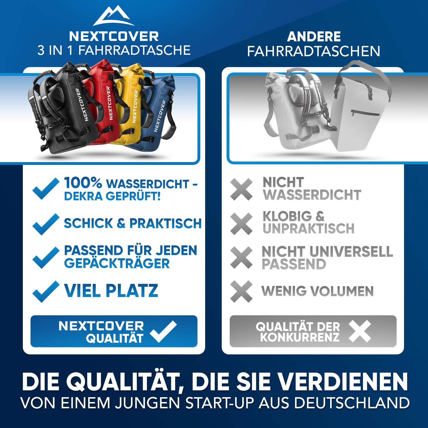 Nextcover® NEU 3in1 Fahrradtasche für Gepäckträger [Aquashield] - Verwendbar als Gepäckträgertasche, Rucksack und Umhängetasche [25 Liter] inkl. Laptoptasche I wasserdichte Fahrrad Tasche (Schwarz)