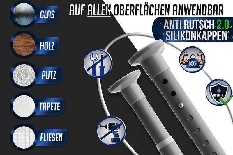 MEISENBERG Teleskopstange ohne Bohren 260-310cm, Ø25mm Grau Multifunktionale Gardinenstange Klemmbar - Vorhangstange, Spannstange Ausziehbar - für ihre Gardinen, Trennwand und Balkon