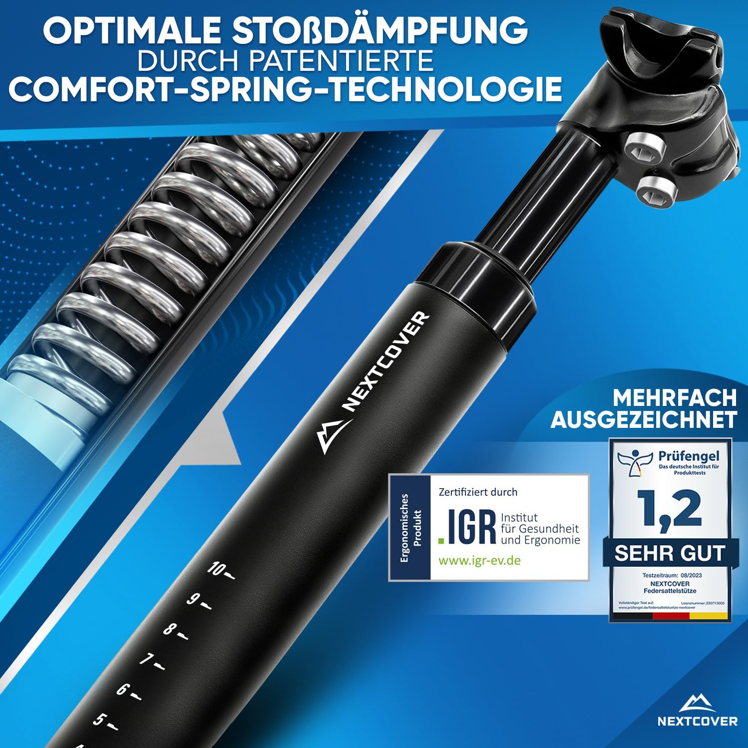 NEXTCOVER® Sattelstütze gefedert mit 30.9mm Durchmesser und [Comfort-Spring] Technologie I gefederte Sattelstütze, Sattelstange, Federsattelstütze, Sattelfederung