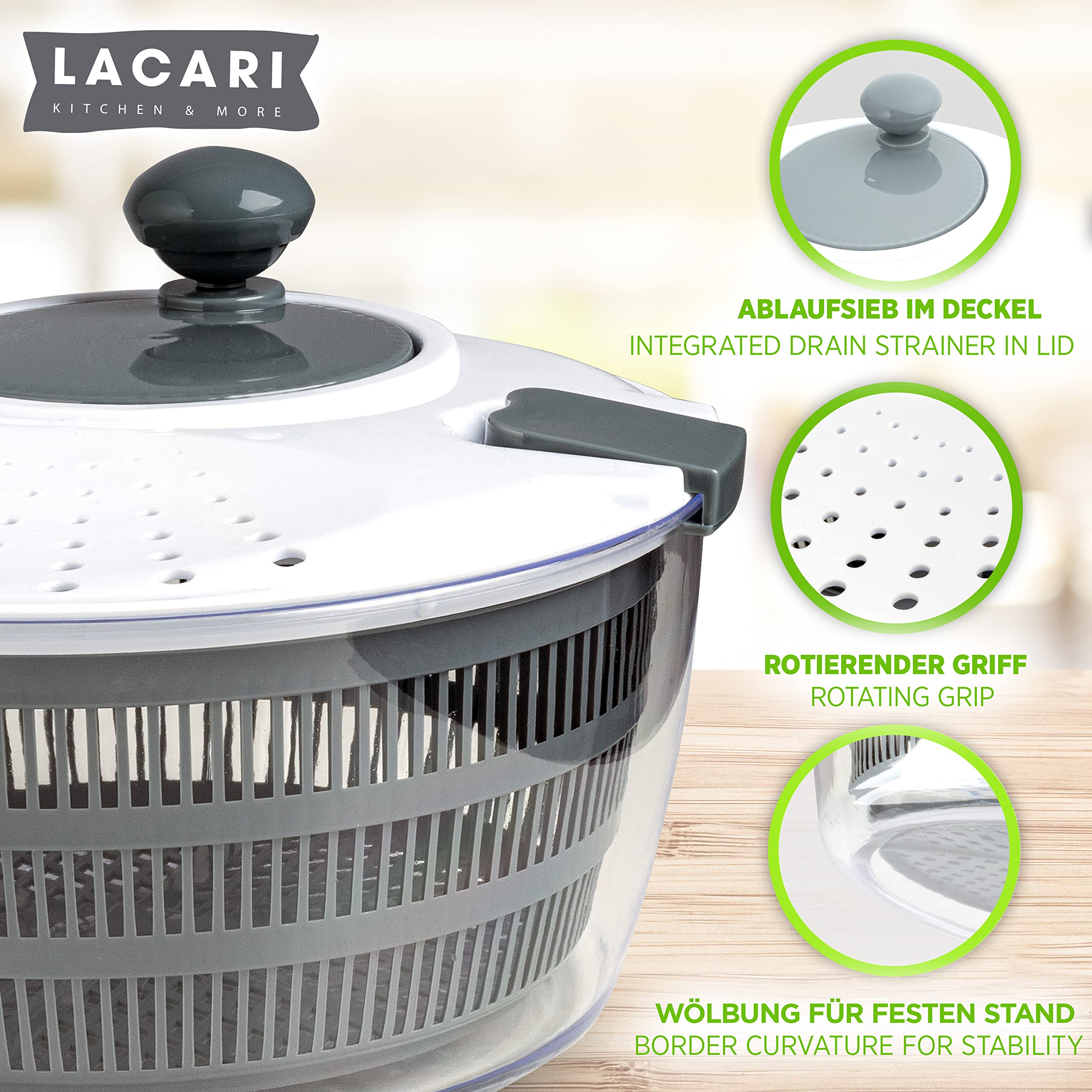 Salatschleuder | Salad Spinner 4 Liter | Lacari ORIGINAL Salatschleuder mit Deckel | Salatschleuder Groß | Eisbergsalat Siebeinsatz | Salatschleuder mit Ebook | Salat Schleuder Neue Gen. 2023