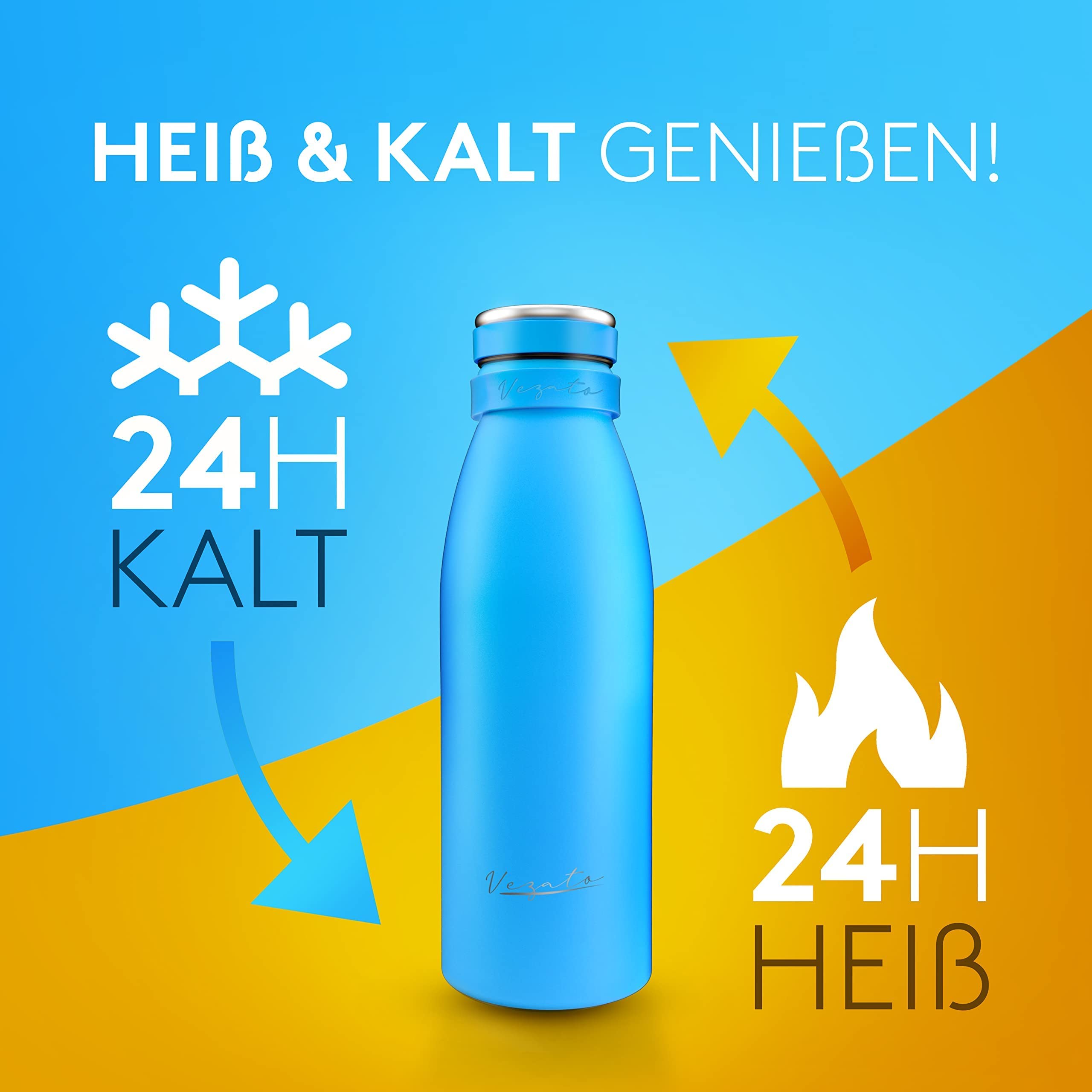 Vezato Trinkflasche Edelstahl - BPA-freie Isolierflasche 500 ml - Auslaufsichere Wasserflasche mit doppelter Isolierung - Thermosflasche spülmaschinenfest - Für Kohlensäure geeignet - Nachhaltig