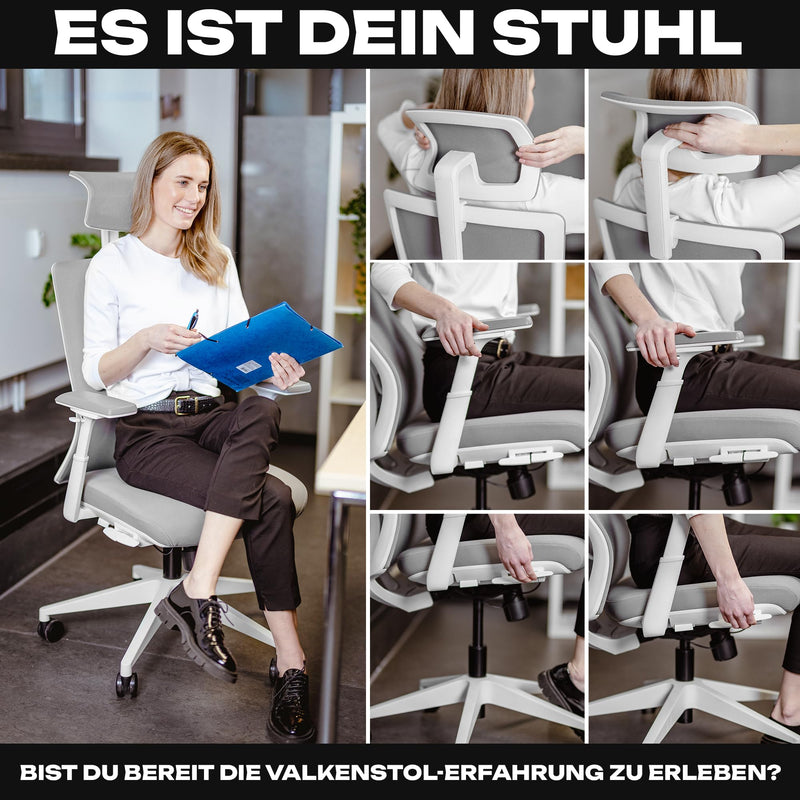 VALKENSTOL M3 Pro Ergonomischer Bürostuhl 150 kg Grau – [Höhenverstellbare Lordosenstütze] Schreibtischstuhl Bürostühle Bürostuhl Ergonomisch PC Stuhl Drehstuhl Office Chair Ergonomic Weiss