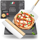 FVLFIL Pizzastein schwarz für Backofen & Gasgrill inklusive Pizzaschieber, Pizzamesser und Rezeptheft, Pizzastein aus Cordierit, für knusprige italienische Pizza, Pizzastone Set, rechteckig