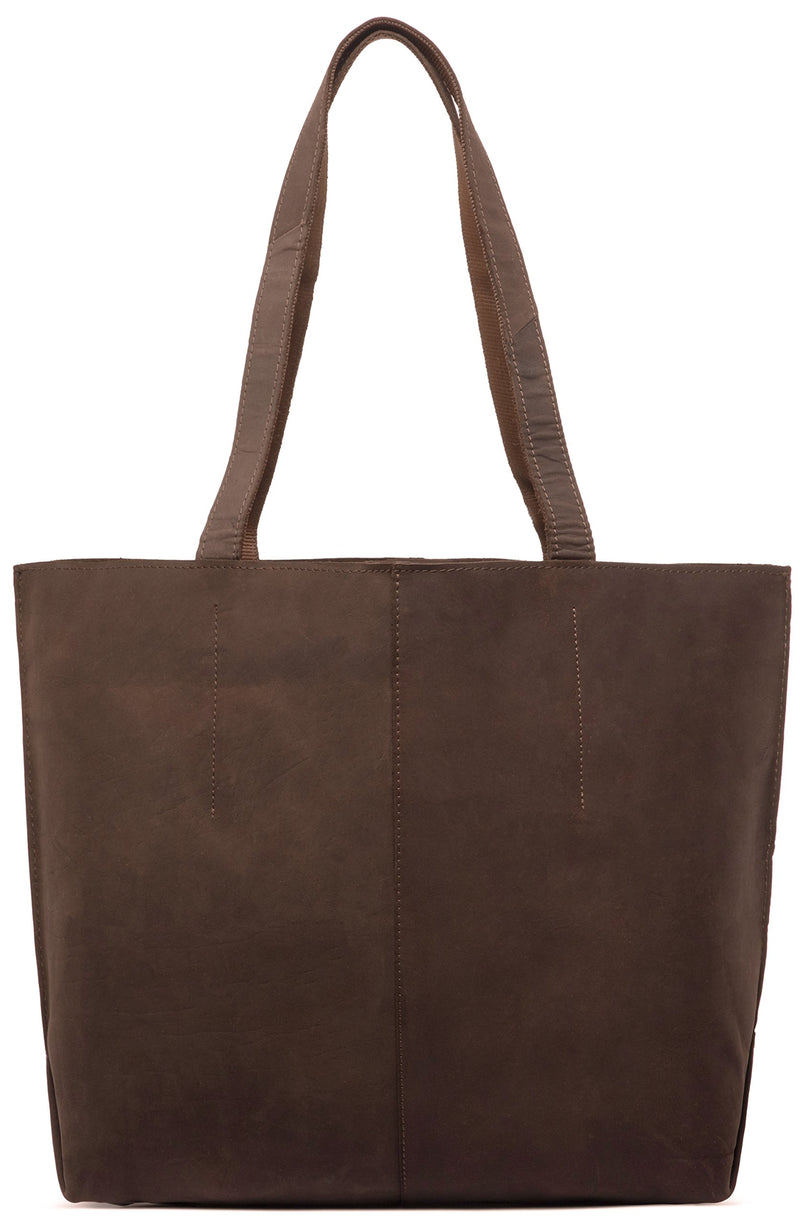 LEABAGS Leder Handtasche Damen I Premium Echtleder Shopper I Tote Bag I Damen Business Tasche I Tragetasche für Arbeit Uni Schule Freizeit oder Einkauf I Nature Dunkelbraun