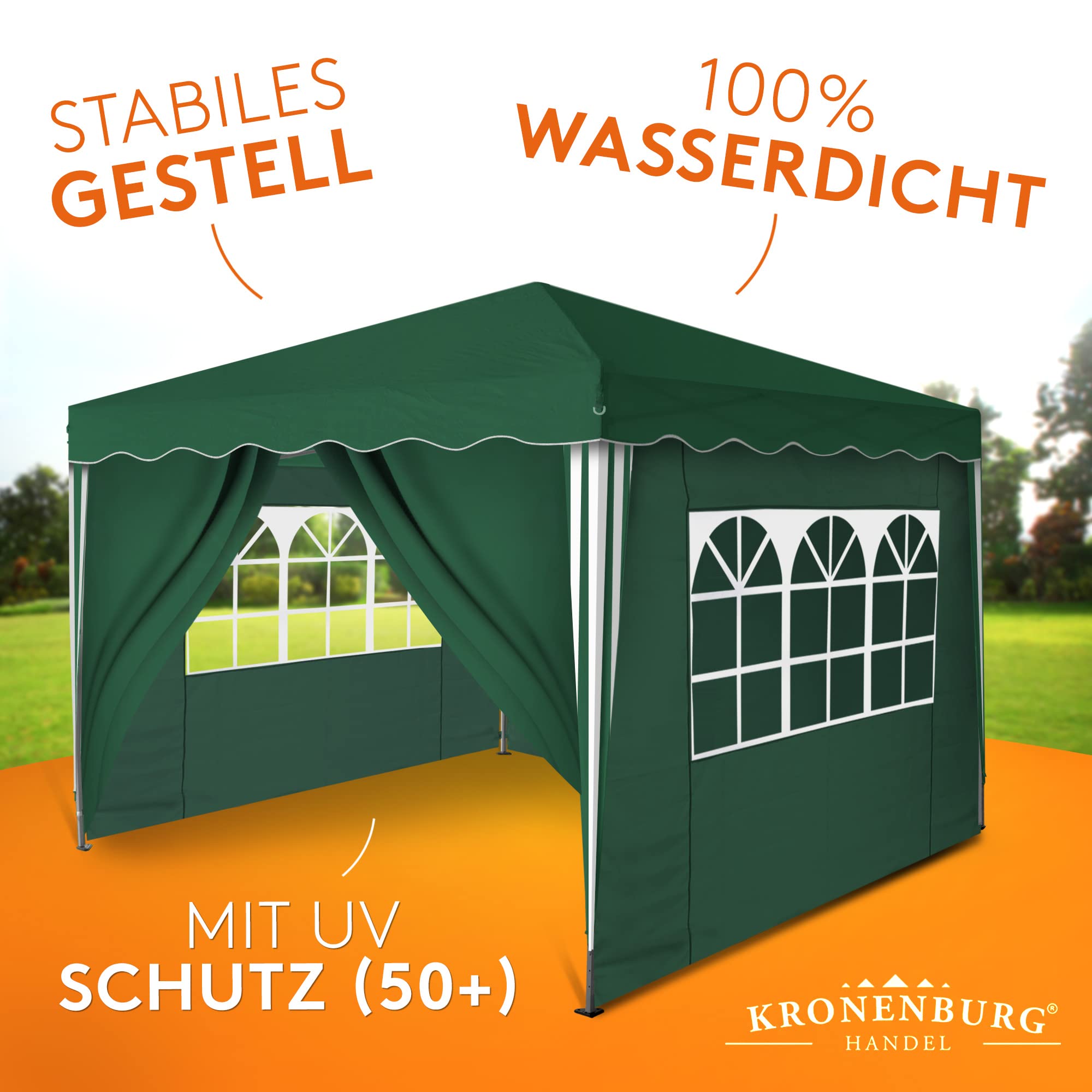 Kronenburg Faltpavillon wasserdicht Dachmaß 3 x 3 m UV Schutz 50+ Pavillon in Grün mit 4 Seitenteilen