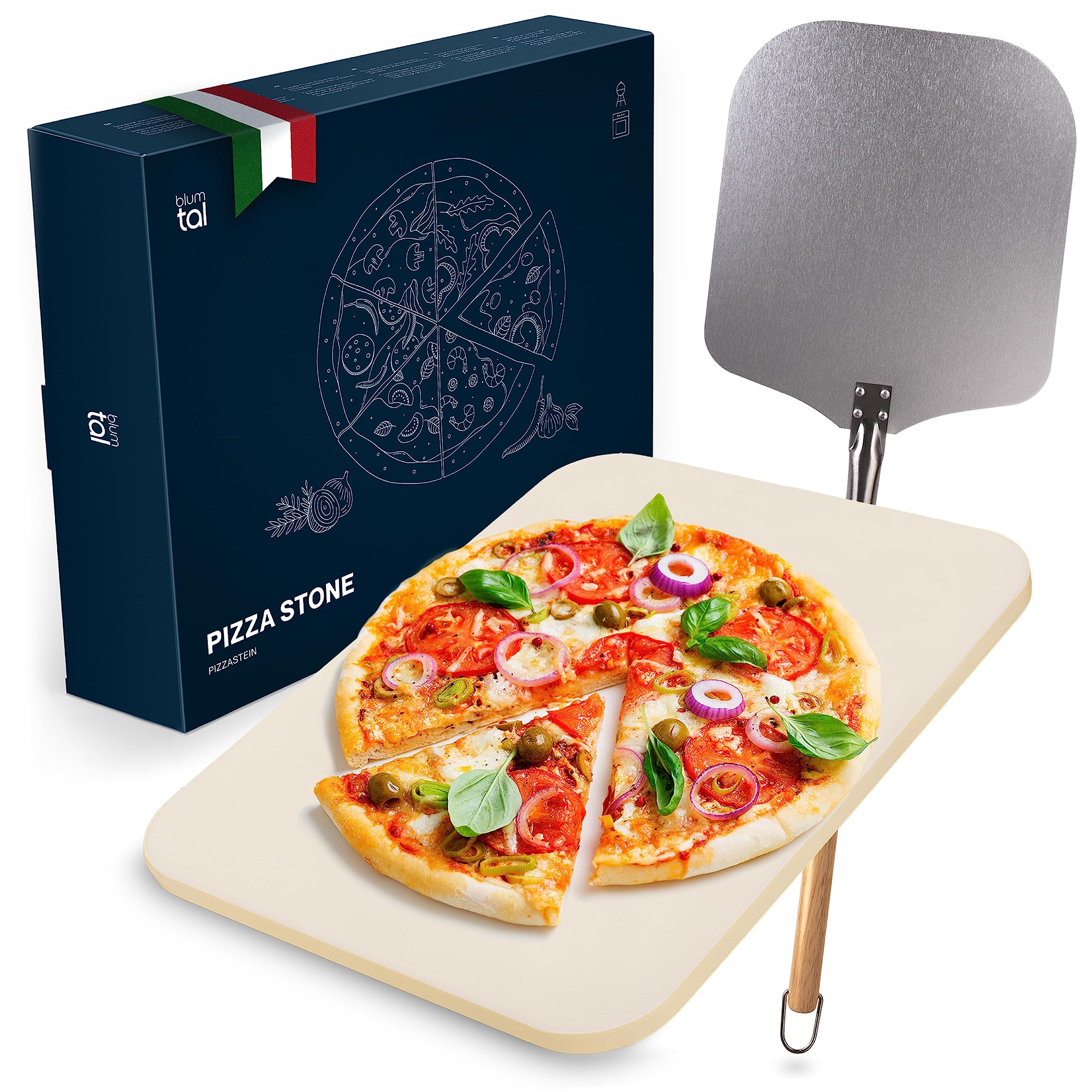 Blumtal Pizzastein für Backofen & Gasgrill inkl. Pizzaschieber - Pizzastein rechteckig aus Cordierit, für Pizza wie aus dem Steinofen, inkl. Pizzaschaufel