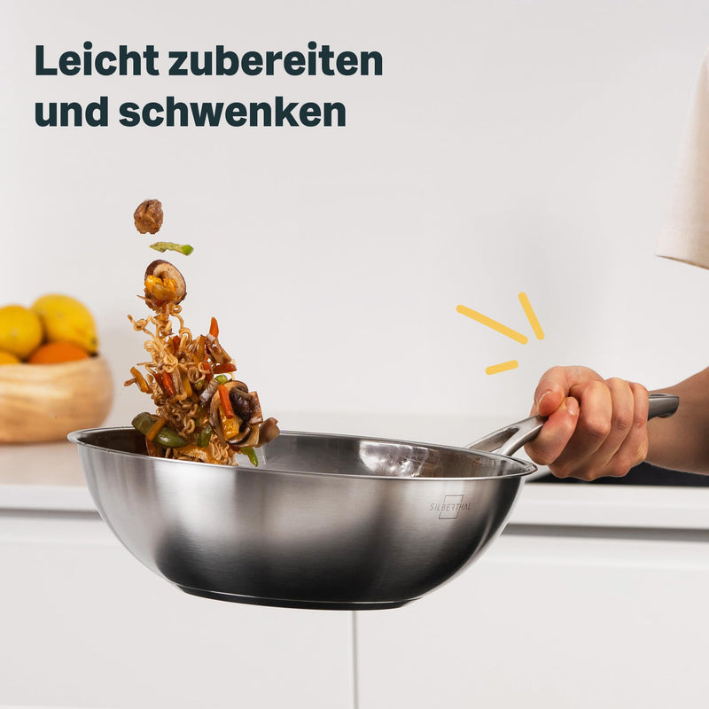 SILBERTHAL Wokpfanne Unbeschichtet Induktion 28 cm - Edelstahl Wok zum Frittieren und Braten- Für alle Herdarten - Backofenfest bis zu 400°C