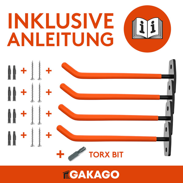 Gakago Reifenhalter Wandhalterung – 4er Felgenhalter Wand Set inkl. Schrauben & Dübel mit Montageanleitung - Extra Lange Reifen Wandhalterung - Halter für Autoreifen & Felgen zum Lagern