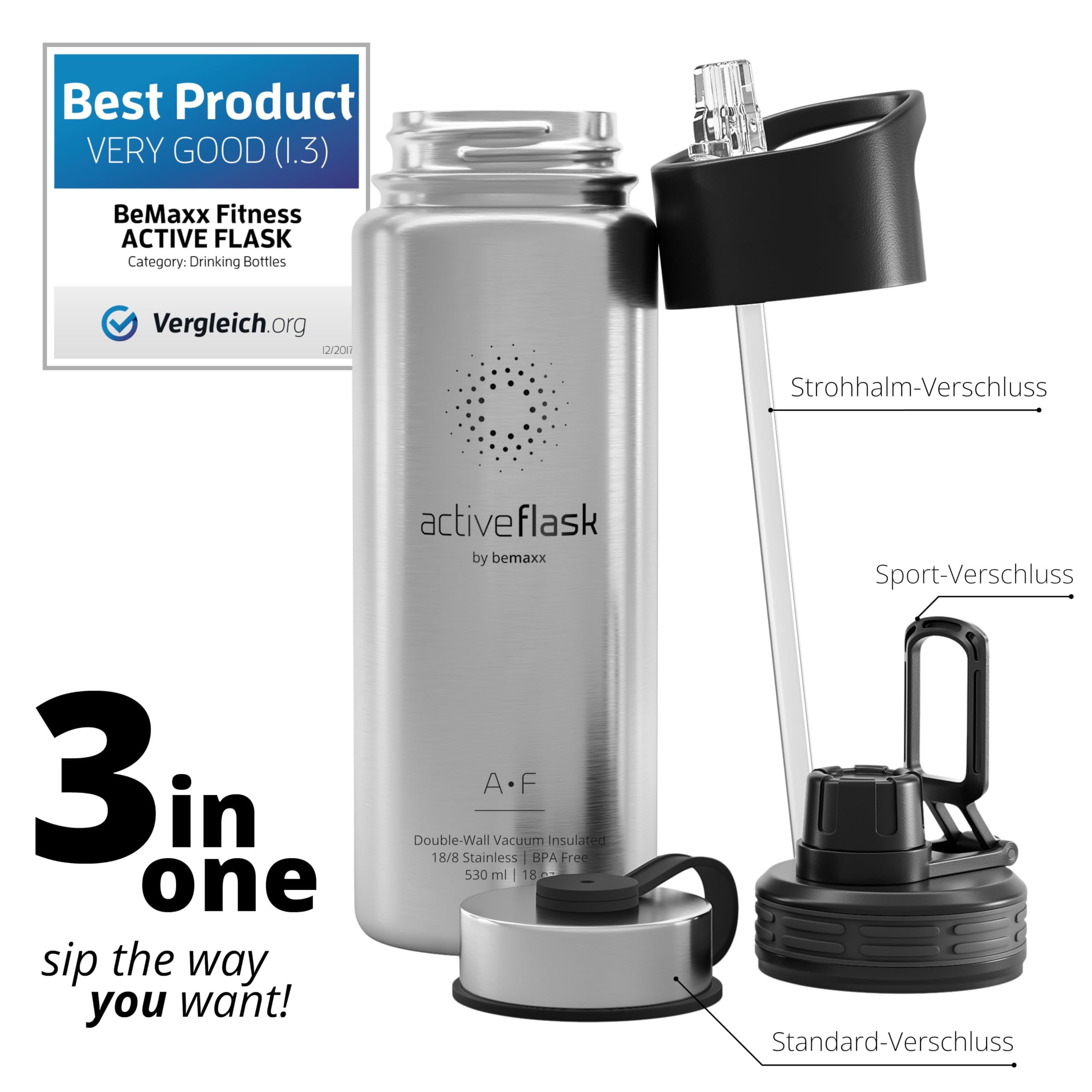 Trinkflasche Edelstahl ACTIVE FLASK + Strohhalm (3 Deckel) BPA-frei, Auslaufsicher, Kohlensäure geeignet - Wasserflasche Fahrrad Thermosflasche Isoliert Isolierflasche Sport Wasser Flasche Kinder Tee