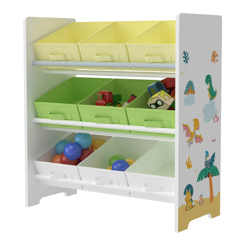 [en.casa] Kinderregal Boiro Kinderzimmerregal stehend mit 9 Faltboxen Dinosaurier-Motiv Spielzeug Aufbewahrungsregal 59,5 x 62 x 29,5 cm Weiß/Grün/Gelb