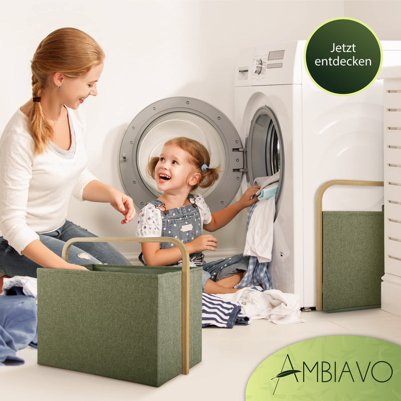 AMBIAVO® faltbarer Wäschekorb [grün, Bambus, 40 l Volumen] | Wäschekorb faltbar | laundry basket | Wäschekörbe | Aufbewahrungskorb | Wäschesammler | Wohnung must have – JETZT entdecken