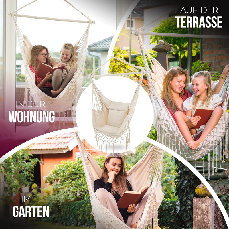 HEIMLING® Hängesessel Indoor & Outdoor XXL [All Inclusive Paket mit Aufhängung + 3 Kissen] Hängesessel Kinder & Erwachsene bis 150 kg | Hängematte Indoor Wohn- Schlafzimmer, Garten Balkon Terrasse