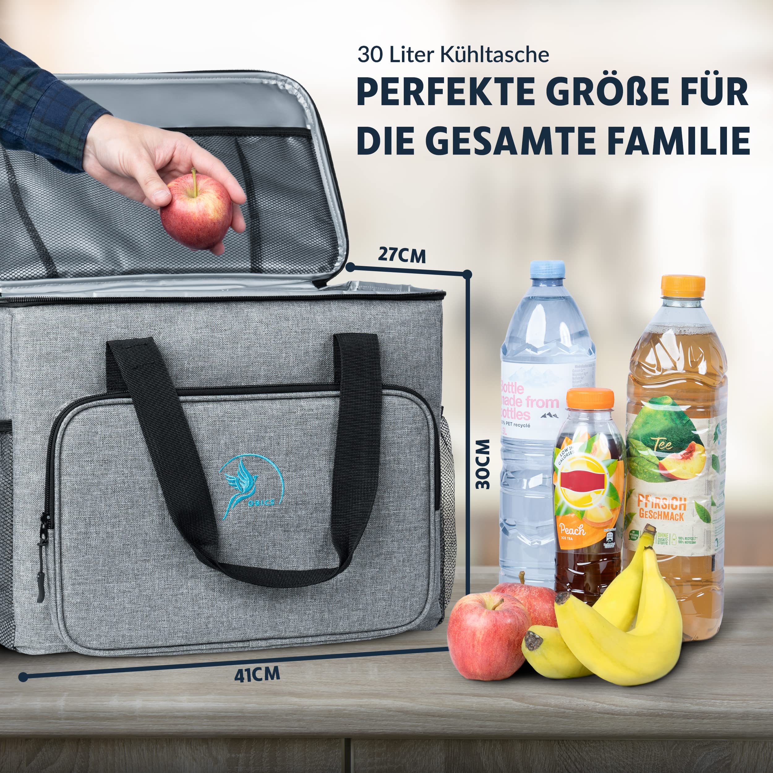 Obics Kühltasche Gross faltbar 30l Kühlbox Isoliertasche Grau für Auto, Strand - Lunchtasche Camping Zubehör - Picknick-Tasche groß - Gefriertasche & Essenstasche isoliert - Thermotasche wasserdicht