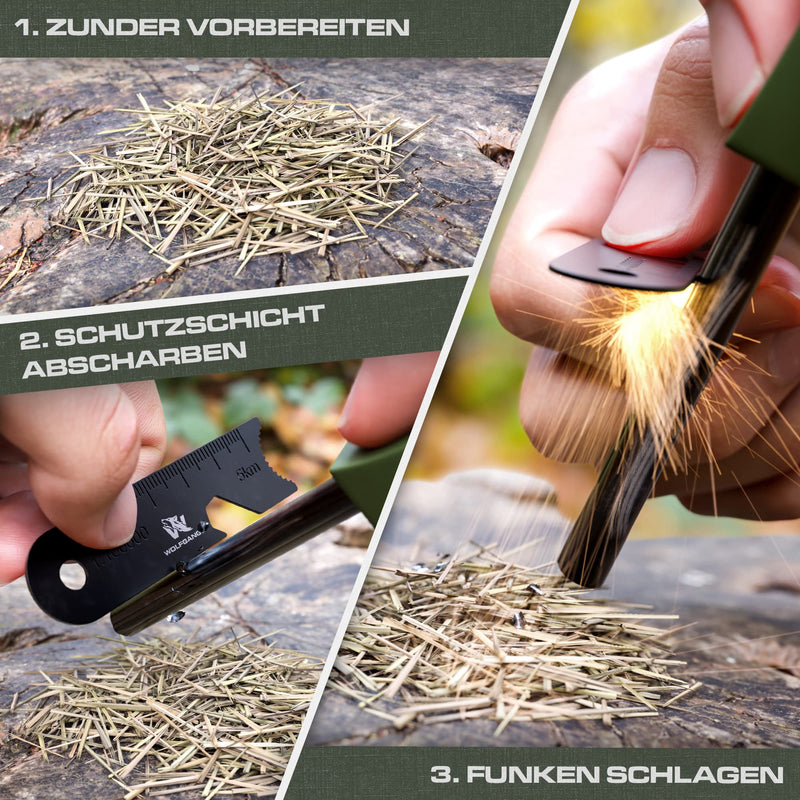 Wolfgangs Feuerstahl Outdoor (Grün) - Feuerstein Survival - Feuerstarter Set - Outdoor Feuerzeug - Feuersteine - Survival Feuerzeug - EIN MUSS für Jede Survival Ausrüstung